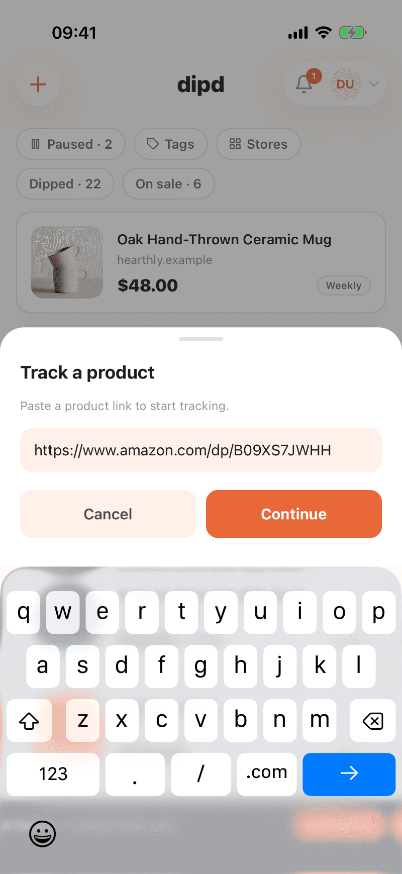 The Track a product sheet in the dipd iOS app with a product link filled in and the keyboard open