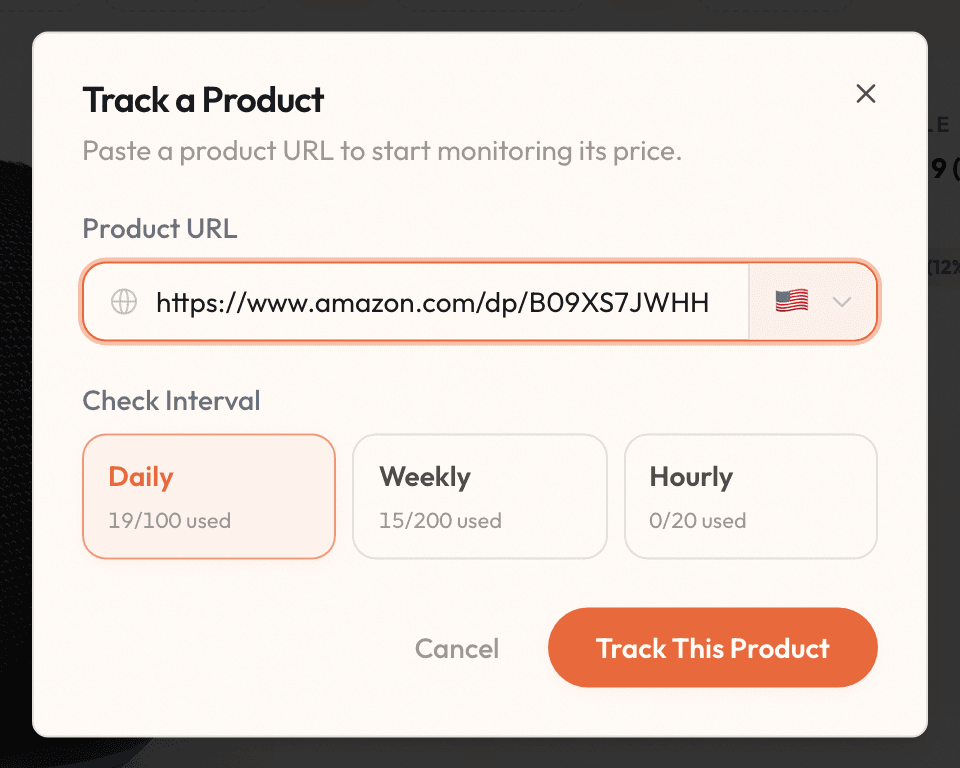 The Track a Product dialog with a pasted product link, a region picker, and a check interval choice