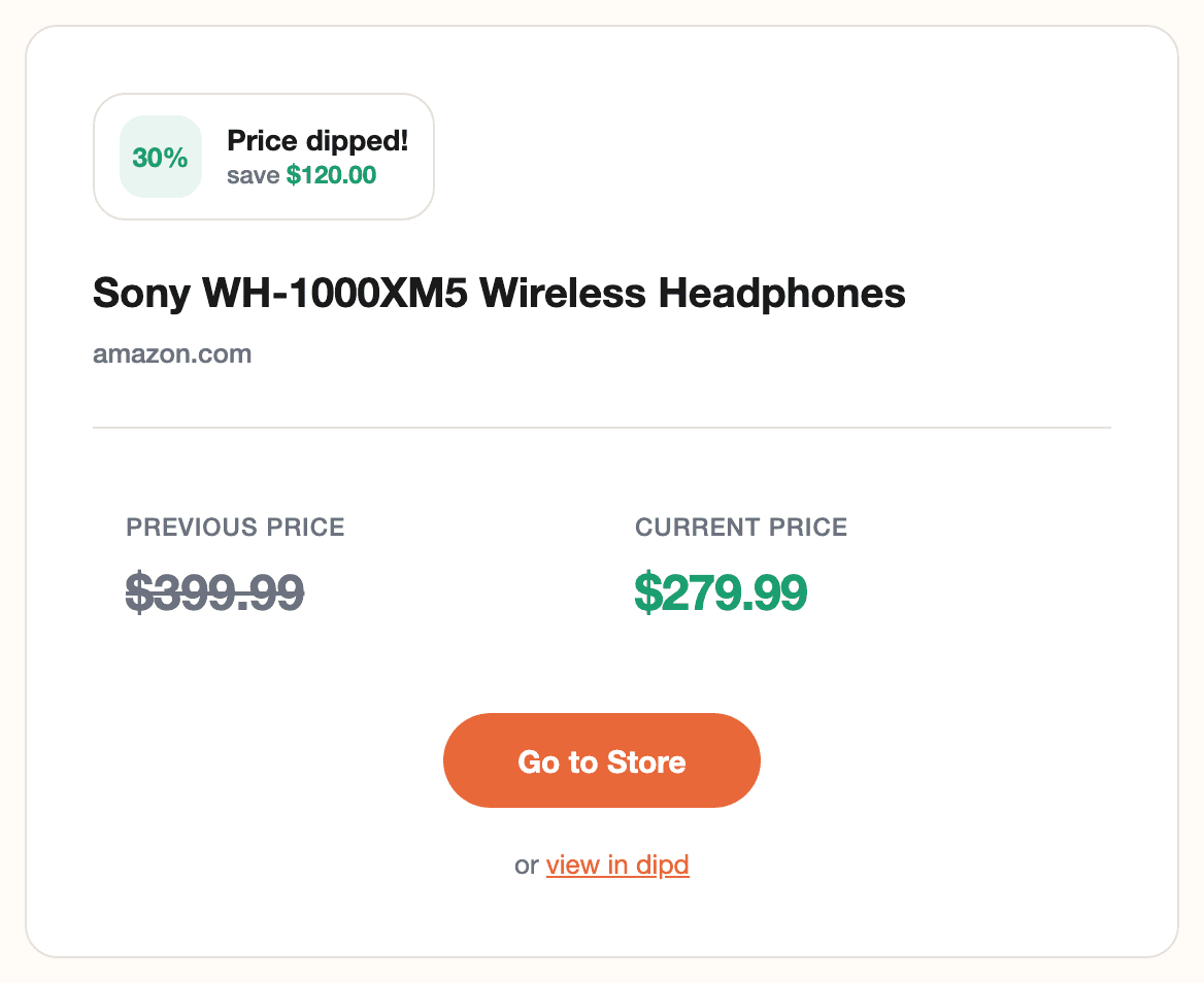 A dipd price drop alert showing the previous price crossed out, the new lower price, and a Go to Store button